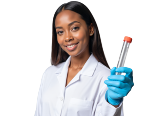 A photo of a person on a transparent background: A woman in a lab coat and blue gloves holding a test tube.