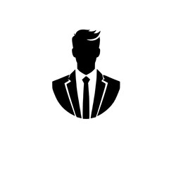 Businessman Icon: A strong and minimalist silhouette of a businessman in a suit and tie, ideal for use as an avatar, profile picture, or website icon.  The design is clean, professional.