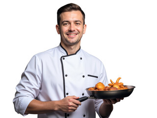 A photo of a person on a transparent background: A man in a chef's uniform holding a frying pan with chicken wings.