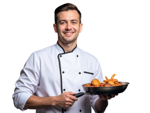 A photo of a person on a transparent background: A man in a chef's uniform holding a frying pan with chicken wings.