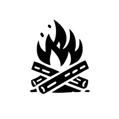 Campfire Icon: A bold black and white illustration of a campfire with roaring flames, perfect for representing warmth, adventure, and nature.  