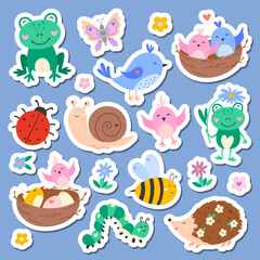 Cute animals and insects stickers set with flower, bird, insect, frog, snail, bee, caterpillar, hedgehog, ladybug. Vector spring illustration for kids sticker kit, scrapbooking, greeting card, poster