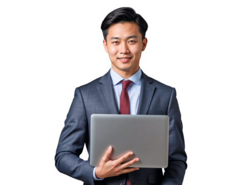 A photo of a person on a transparent background: A man in a suit holding a laptop computer.