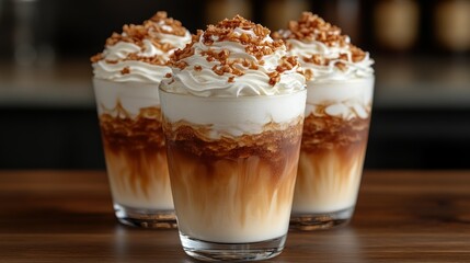 Three Iced Caramel Macchiatos Topped with Whipped Cream and Caramel Crunch
