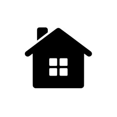 Simple Home Icon: A minimalist black silhouette of a house icon, featuring a simple design with a chimney and a single window. Perfect for website design, app interfaces, and presentations.