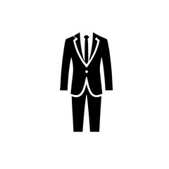 Suit & Tie Icon: A minimalist black and white vector illustration of a suit and tie. The icon represents professionalism, formality, and style.