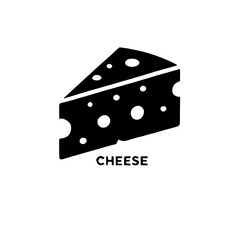 Cheese Slice Icon: A simple yet elegant black silhouette of a cheese wedge, featuring characteristic holes, set against a clean background.  The word 