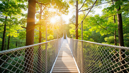 Serene rope bridge suspended between trees, adventure in nature
