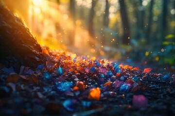 Magical forest floor at sunset, colorful gems and autumn leaves glowing in golden light.