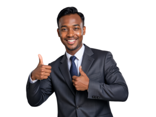 A photo of a person on a transparent background: A man in a suit giving a thumbs up.
