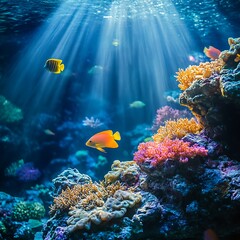 Naklejka premium Coral reef painting vibrant tropical marine ecosystem colorful underwater sunlight paradise