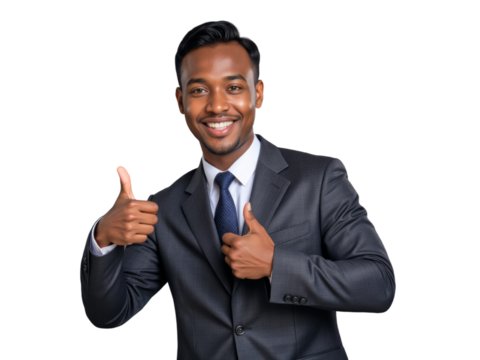 A photo of a person on a transparent background: A man in a suit giving a thumbs up.