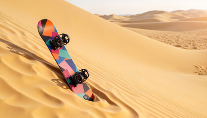 Colorful snowboard resting on soft sand dunes in warm desert sunset, adventure