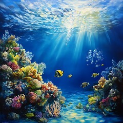 Naklejka premium Coral reef painting vibrant tropical marine life underwater colorful sunlight habitat