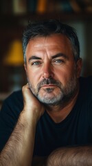 Fototapeta premium Reflective portrait of a tired parent in a cozy home environment