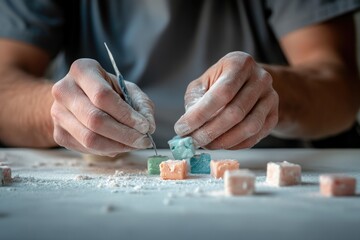 A person's hands delicately arrange colorful, powdered Turkish delight cubes on a surface.
