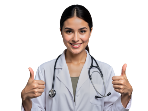 A photo of a person on a transparent background: A woman in a white lab coat giving a thumbs up.