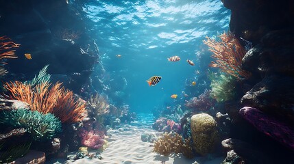 Naklejka premium Coral reef painting vivid underwater marine life colorful tropical sunlight paradise