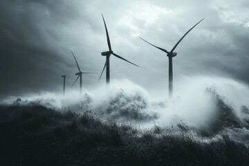 Wind turbines endure a fierce storm, showcasing resilience against powerful waves and wind.