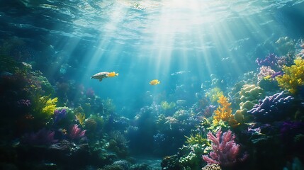 Fototapeta premium Coral reef vibrant painting colorful underwater tropical marine life sunlight paradise