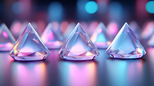 Abstract glowing triangles floating in a neon pink and blue space. - Powered by Adobe