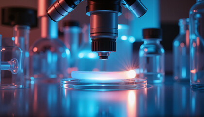 Illuminated optical experiment in modern lab, scientific exploration
