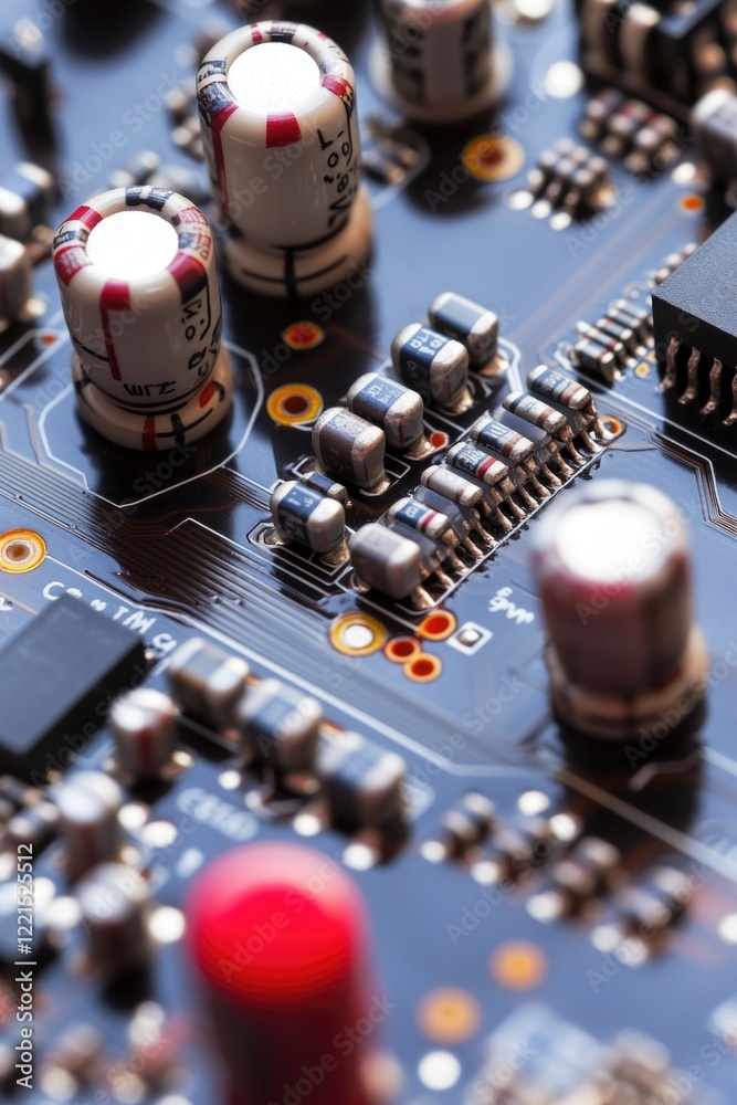 Poster close-up view of electronic components on a printed circuit board, suitable for use in technology an
