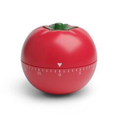 Tomato shaped kitchen timer isolated on white background. Pomodoro technique concept. 3d illustration.