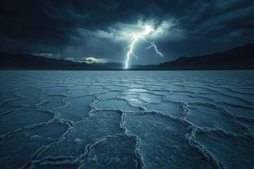 A powerful lightning strike illuminates a vast, cracked salt flat under a dramatic, stormy sky.