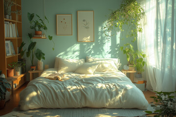 A minimalist bedroom setup featuring a plush bed soft linens and green plants creating a peaceful toxin-free sleep environment that enhances relaxation and mental well-being