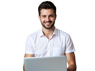 A photo of a person on a transparent background: A man in a white shirt holding a laptop computer.