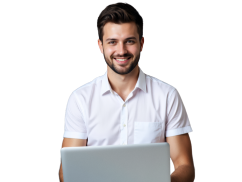 A photo of a person on a transparent background: A man in a white shirt holding a laptop computer.