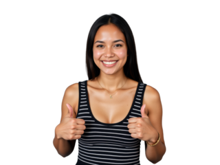 A photo of a person on a transparent background: A woman in a striped tank top giving a thumbs up.