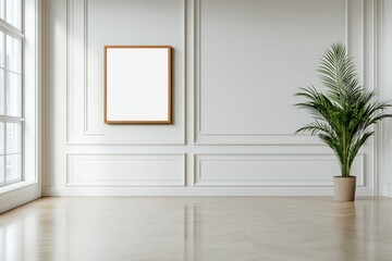 A stylish minimalistic interior features an empty picture frame mounted on a pale wall. A decorative plant enhances the serene atmosphere creating a space perfect for personal expression