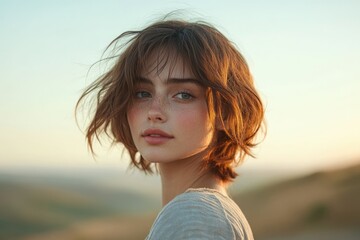 A young woman with freckles and short, windblown brown hair, looking over her shoulder at sunset.