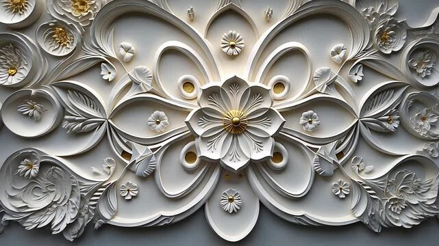 Intricate White Floral 3D Relief Art with Delicate Petals and Gold Accents on a Neutral Background

