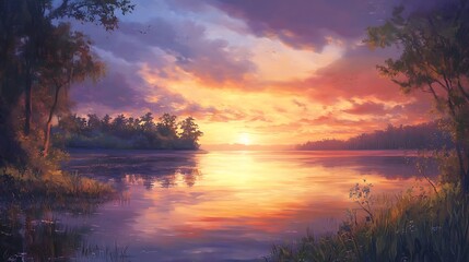 Sunset lake, trees, reflection, background, peaceful view