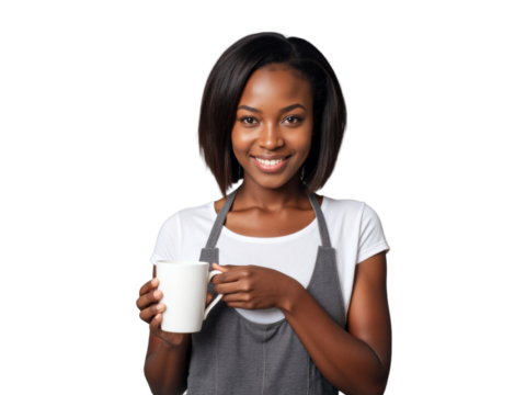 A photo of a person on a transparent background: A woman in an apron holding a cup of coffee.