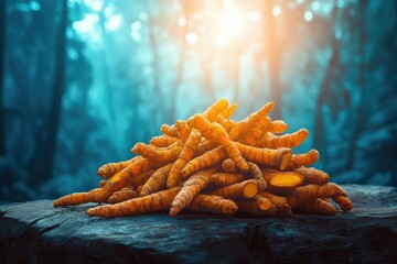 A pile of fresh turmeric roots rests on dark wood, bathed in soft, ethereal light against a blurred forest background.