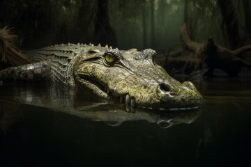 An alligator lies motionless in a dimly lit swamp, half submerged in the murky waters, showing its primordial strength and evoking a sense of tension and intrigue.