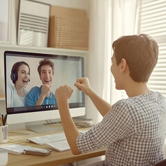 Obraz premium Excited teen celebrates video call success with friends on computer. Joyful reaction, perfect for online learning, friendship, or technology themes.