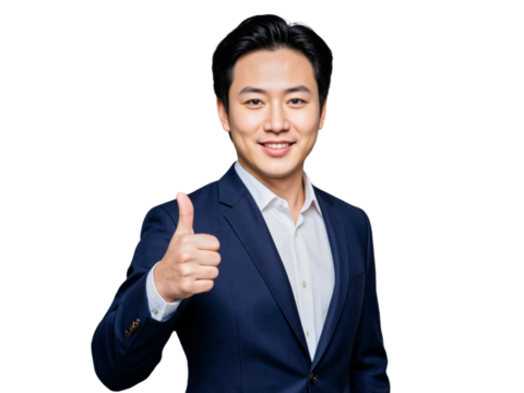 A photo of a person on a transparent background: A man in a suit giving a thumbs up.