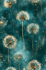 Elegant dandelion flowers on a teal watercolor background