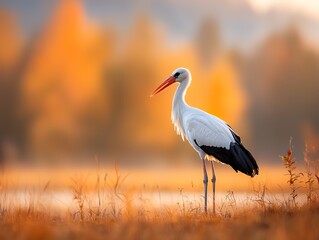 Obraz premium A graceful white stork stands elegantly in a serene landscape, surrounded by golden autumn foliage, capturing the beauty of nature in a tranquil moment.
