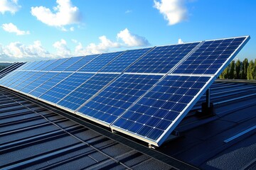 Photograph of a solar panel installed on a rooftop with a clear blue sky in the background