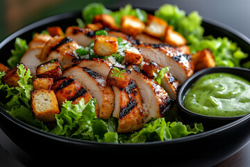 Grilled chicken salad with croutons and green dressing served on a bed of lettuce in a restaurant setting