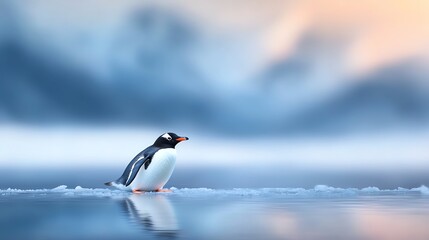 Obraz premium A solitary penguin stands on a frozen landscape, surrounded by a soft-focus background of icy blues and warm sunrise hues, capturing the essence of tranquility in nature's beauty.
