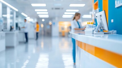 A modern healthcare facility with bright lighting, featuring professionals engaged in work at a reception desk. The environment promotes efficiency and care in patient services.