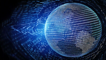Abstract digital globe formed from binary code. Futuristic data visualization perfect for technology, AI, global network, or cybersecurity concepts.
