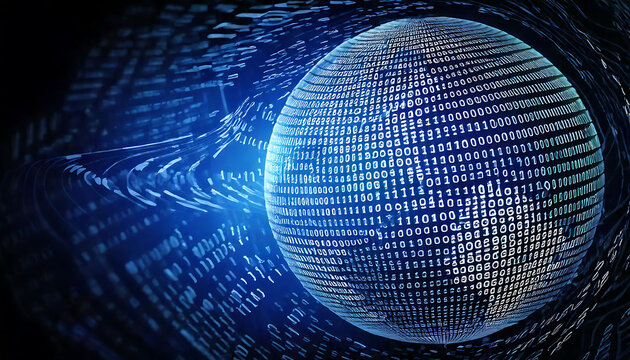 Abstract digital globe formed from binary code. Futuristic data visualization perfect for technology, AI, global network, or cybersecurity concepts.
